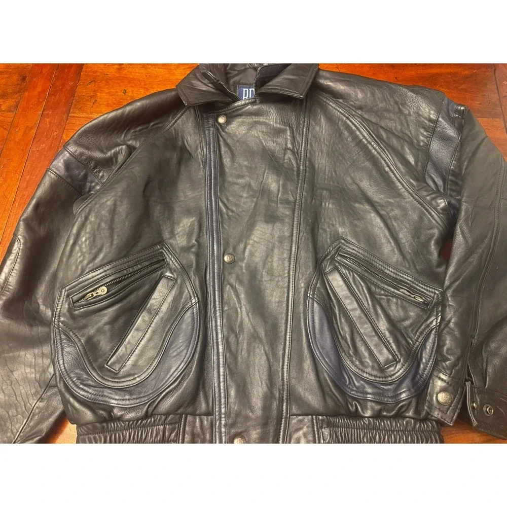 Beyond Leather Classic Bomber Motorcycle Black w/Blue Trim‎ Leather Jacket Large